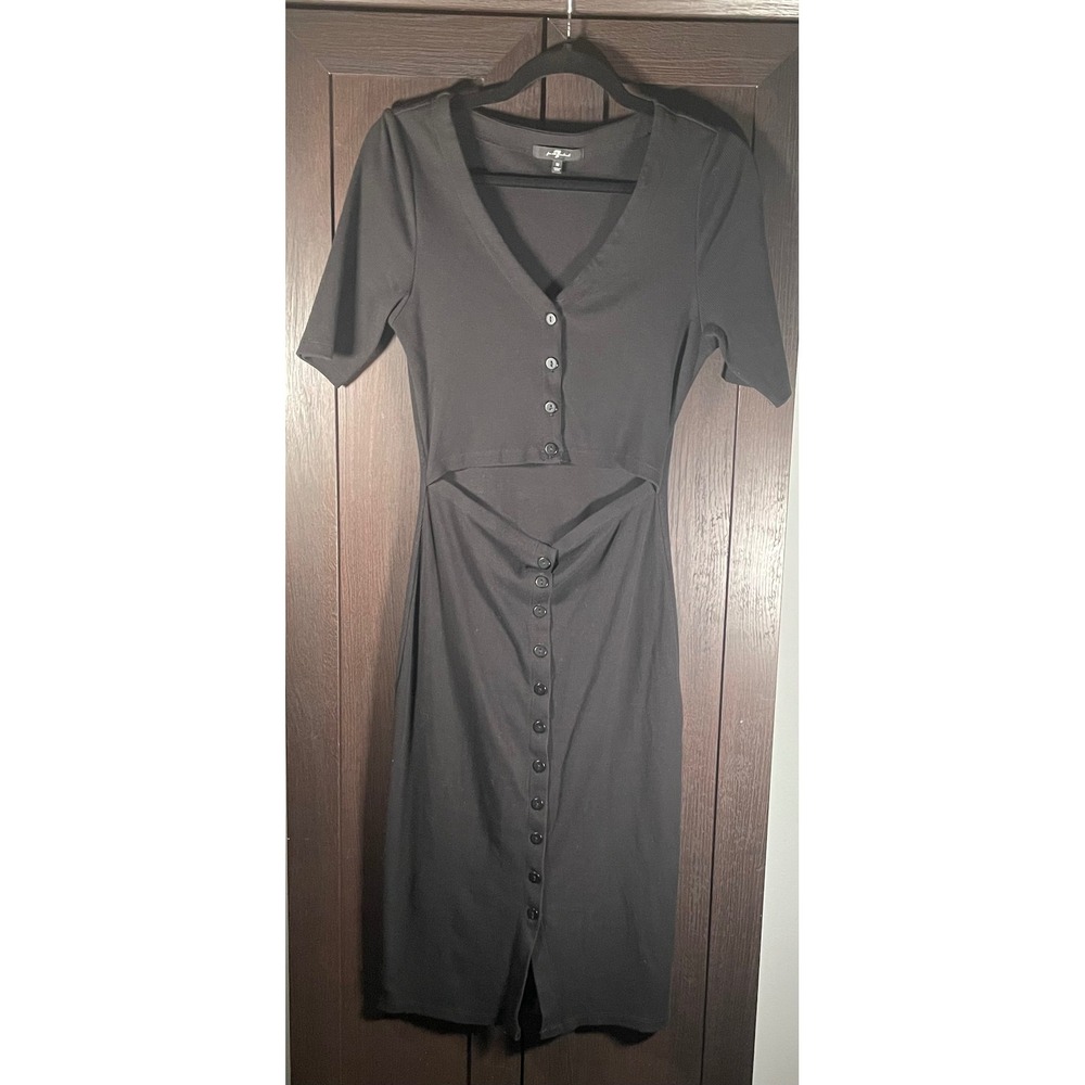 7 For All Mankind Black Ribbed Cutout Button Front Midi Dress Womens Medium